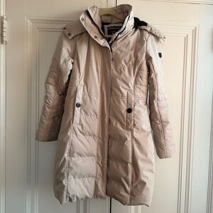 NOIZE | cream quilted puffer coat w faux fur hood
